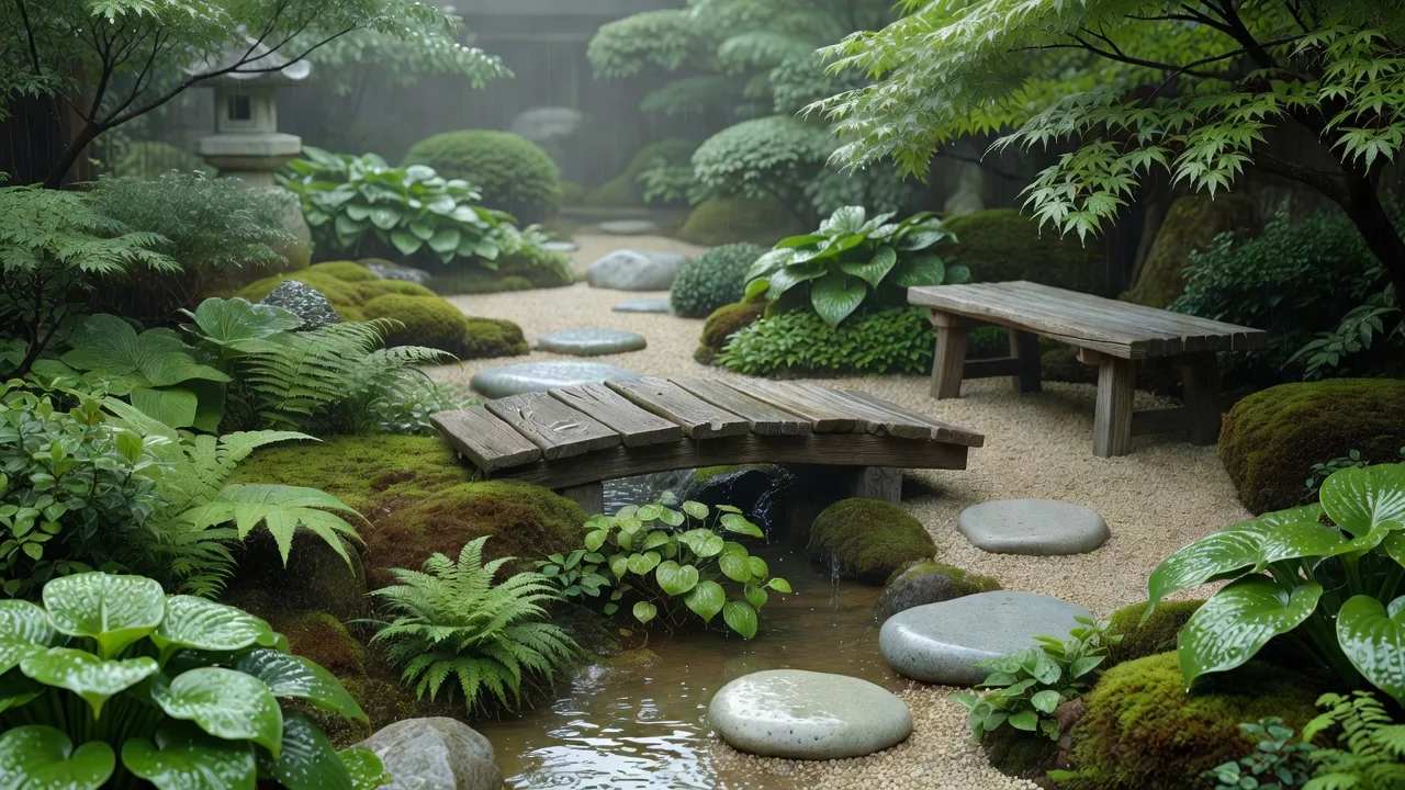 梅雨の雨に濡れた緑あふれる庭の風景