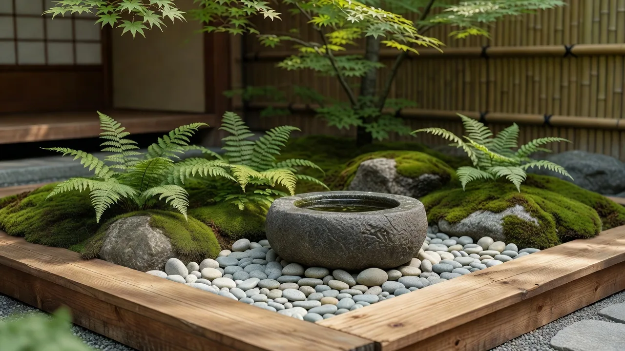 石の手水鉢と庭